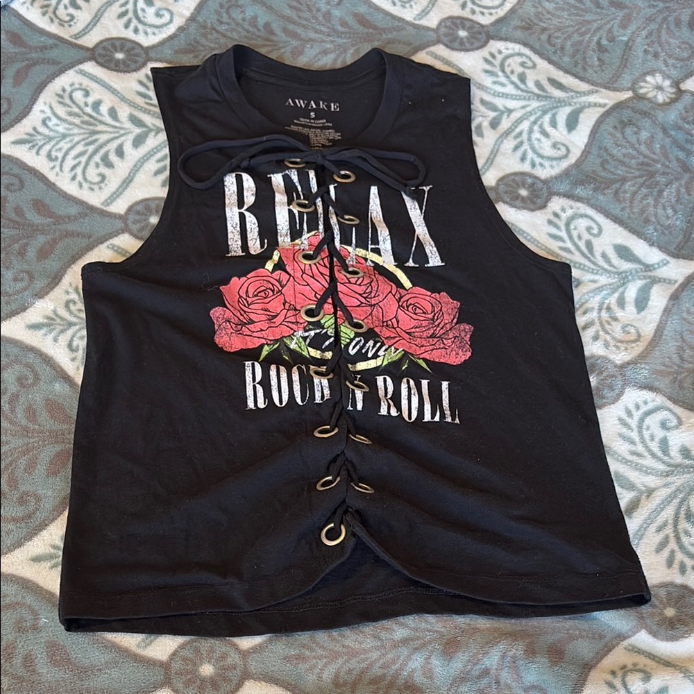 Used S, Awake sleeveless shirt, black with red flowers